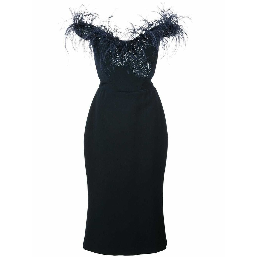 MARCHESA Navy Blue Ostrich Feather Beaded Off Shoulder Fluted Hem Dress 8 M NEW - Picture 6 of 12